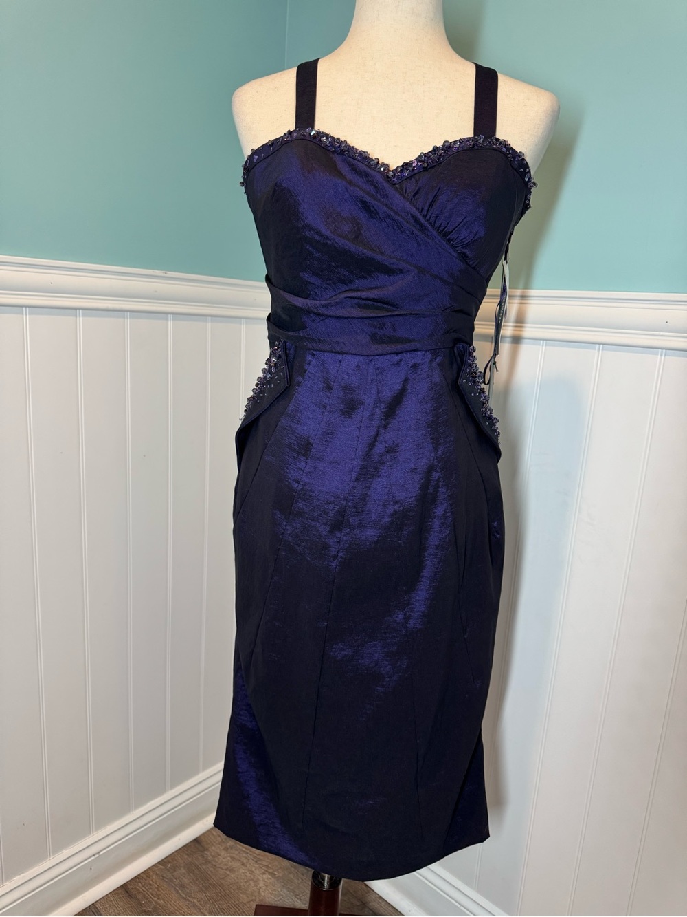 Sarah Danielle Purple Satin Midi Dress Pockets Strapless Beaded Accents SZ 10